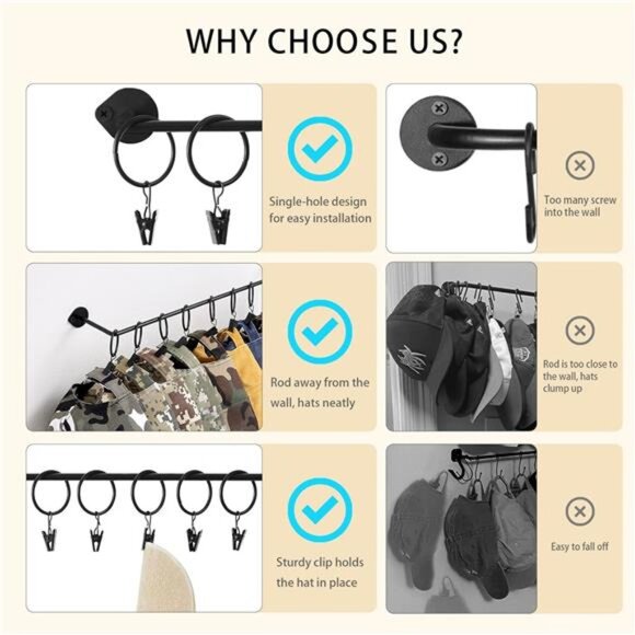 Hat Rack for Baseball Cap Hat Storage with 20 Hooks - Modern Metal Hat - Picture 11 of 14